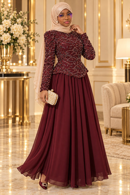 Robe de soirée DIJANTA brodée de sequins et perles – Bordeaux – vue entière