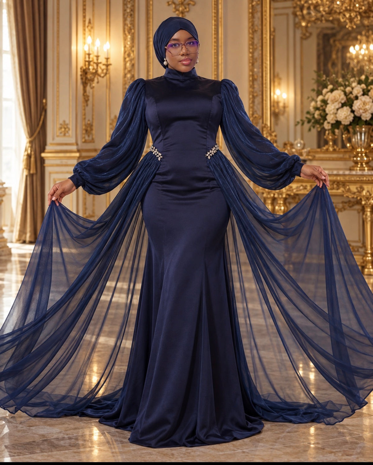 Robe de soirée cape ceinturée DIJANTA bleu marine – vue 1