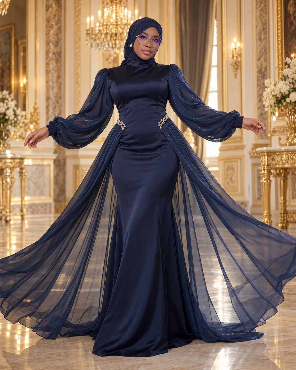 Robe de soirée cape ceinturée DIJANTA bleu marine – vue 2