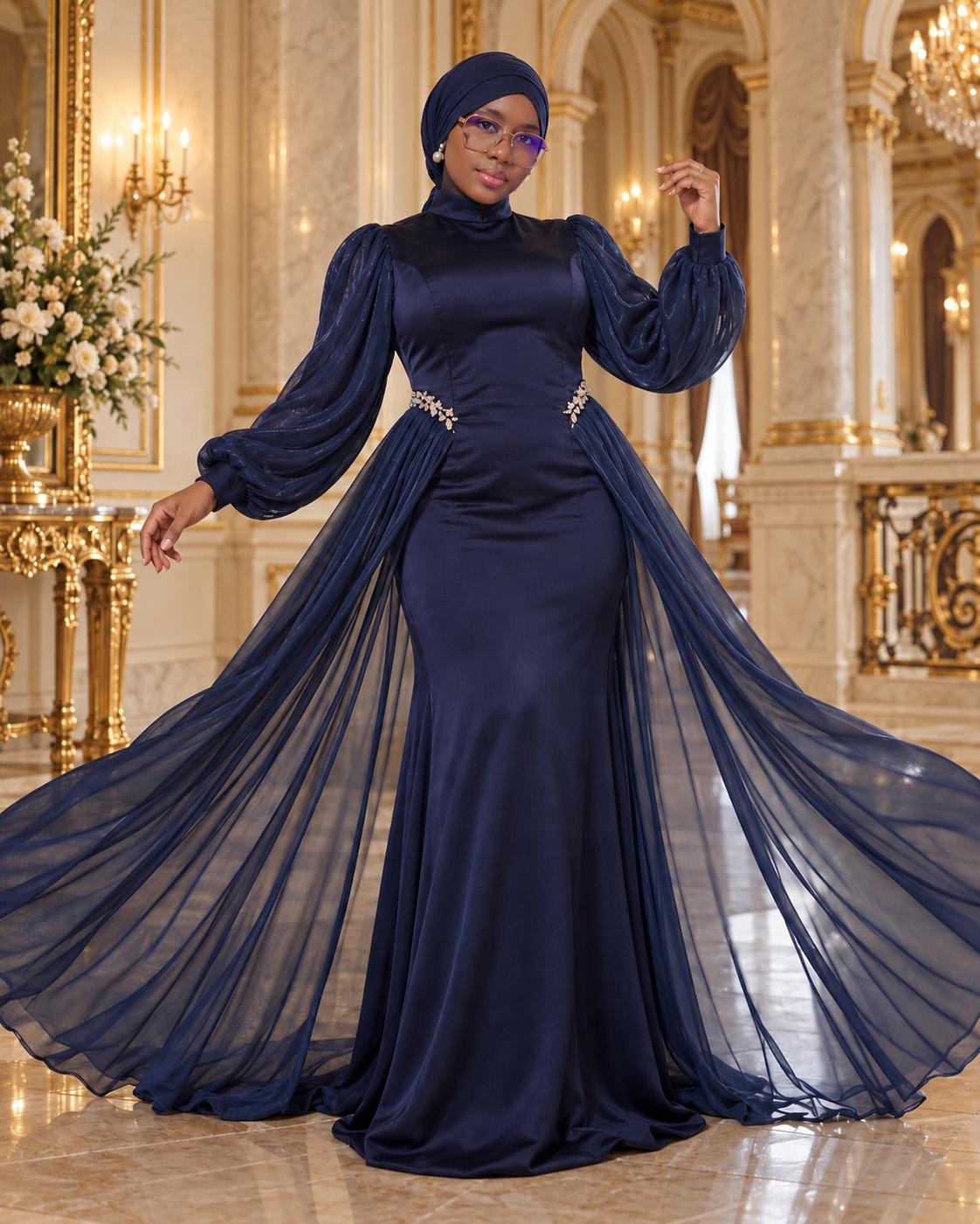 Robe de soirée cape ceinturée DIJANTA bleu marine – vue 3