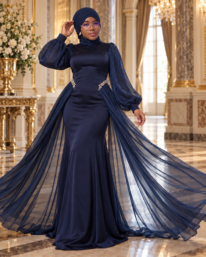 Robe de soirée cape ceinturée DIJANTA bleu marine – vue 4