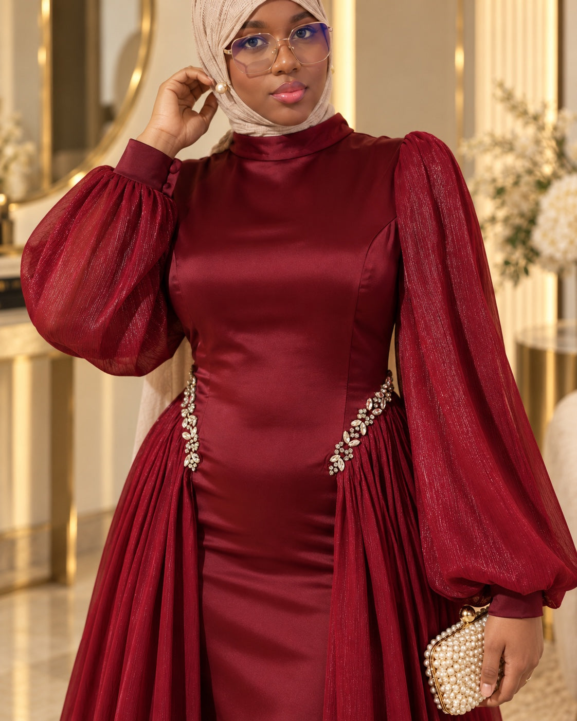 Robe de soirée cape ceinturée DIJANTA rouge – vue 1