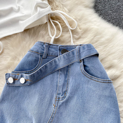 Women's Fashion Pleated Tie Crossbody Vest Irregular Raw Hem Denim Skirt Two-piece Set