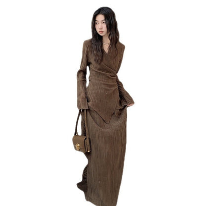 💃 Amsata– Ensemble Cardigan Plissé et Jupe Taille Haute