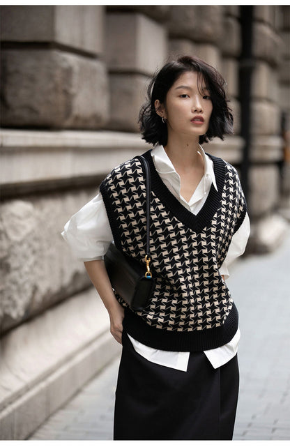 🖤 Diarria – Gilet tricoté à carreaux pied-de-poule