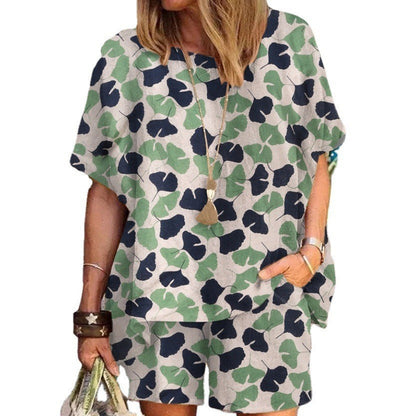 Women's Polka Dot Print Crew Neck Loose Short Sleeve Shorts Set