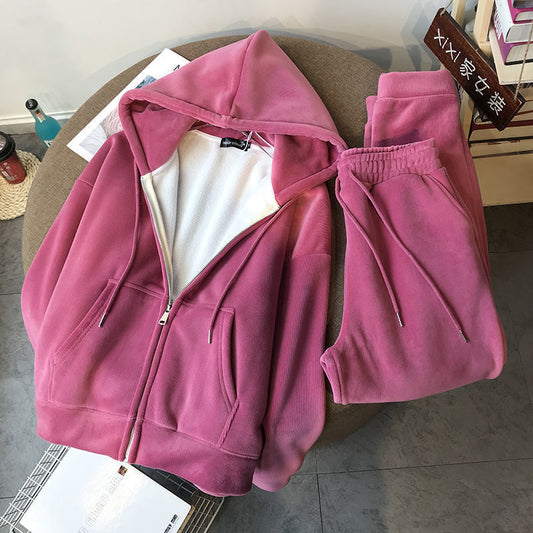 Plush Thickened Zipper Sweater Women's Tide Suit Korean Loose Sports Two-piece Suit