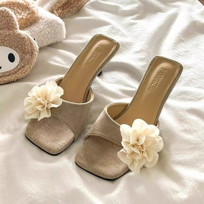Mules Daim Floral Talon Carré