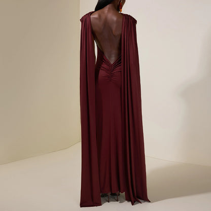 Robe Longue Sans Manches Plissée Rouge Foncé