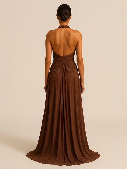 Robe Longue Halter Dos Nu Marron