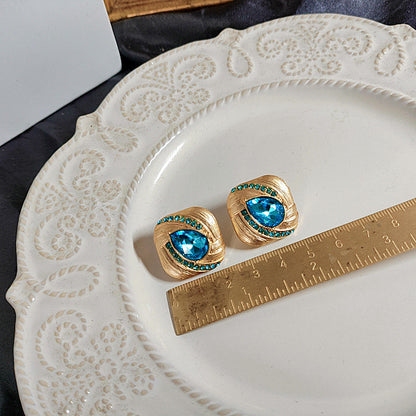 Blue Bright Crystal Oval Stud Earrings Wheat Plain Gold Necklace