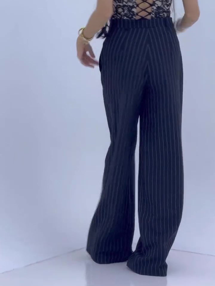 Pantalon Large Rayé Taille Haute Femme