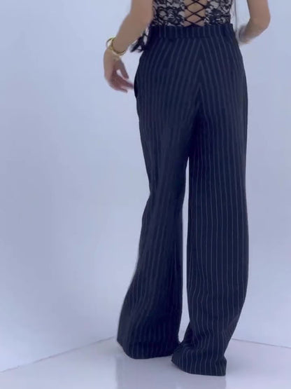 Pantalon Large Rayé Taille Haute Femme