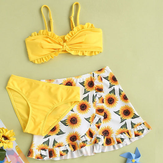 🌻 Maillot de Bain 3 Pièces Fille – Motif Tournesol Éclatant