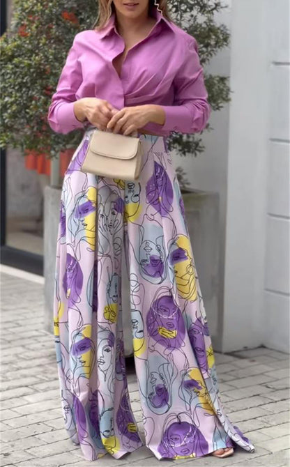Lapel Long Sleeve Shirt Print Pants Two Piece Set