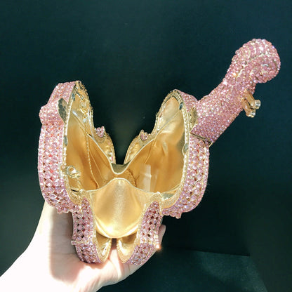 Sac Bandoulière PU Forme Violon Strass Rose