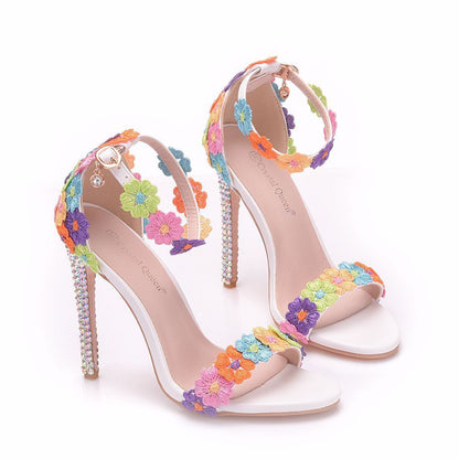 Temperament Word Strap Stiletto Sandals White Lace Wedding Shoes