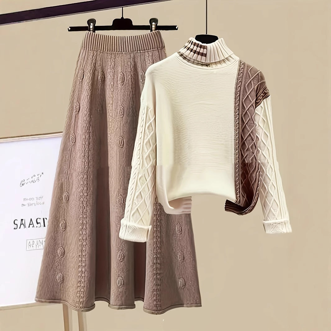 Axelila – Ensemble Élégant Col Polo et Jupe Laineuse Contrastée