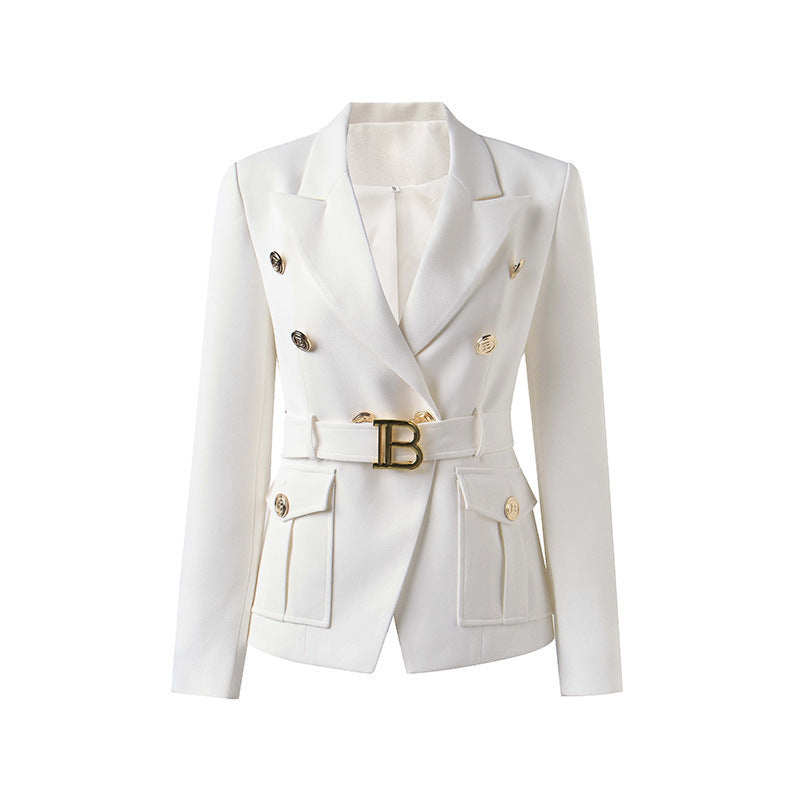 Women's Belt Metal Buckle Black And White Two Color Pocket Slim Small Suit Temperament Coat