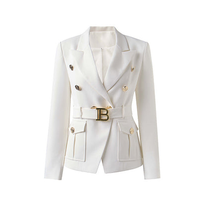 Women's Belt Metal Buckle Black And White Two Color Pocket Slim Small Suit Temperament Coat